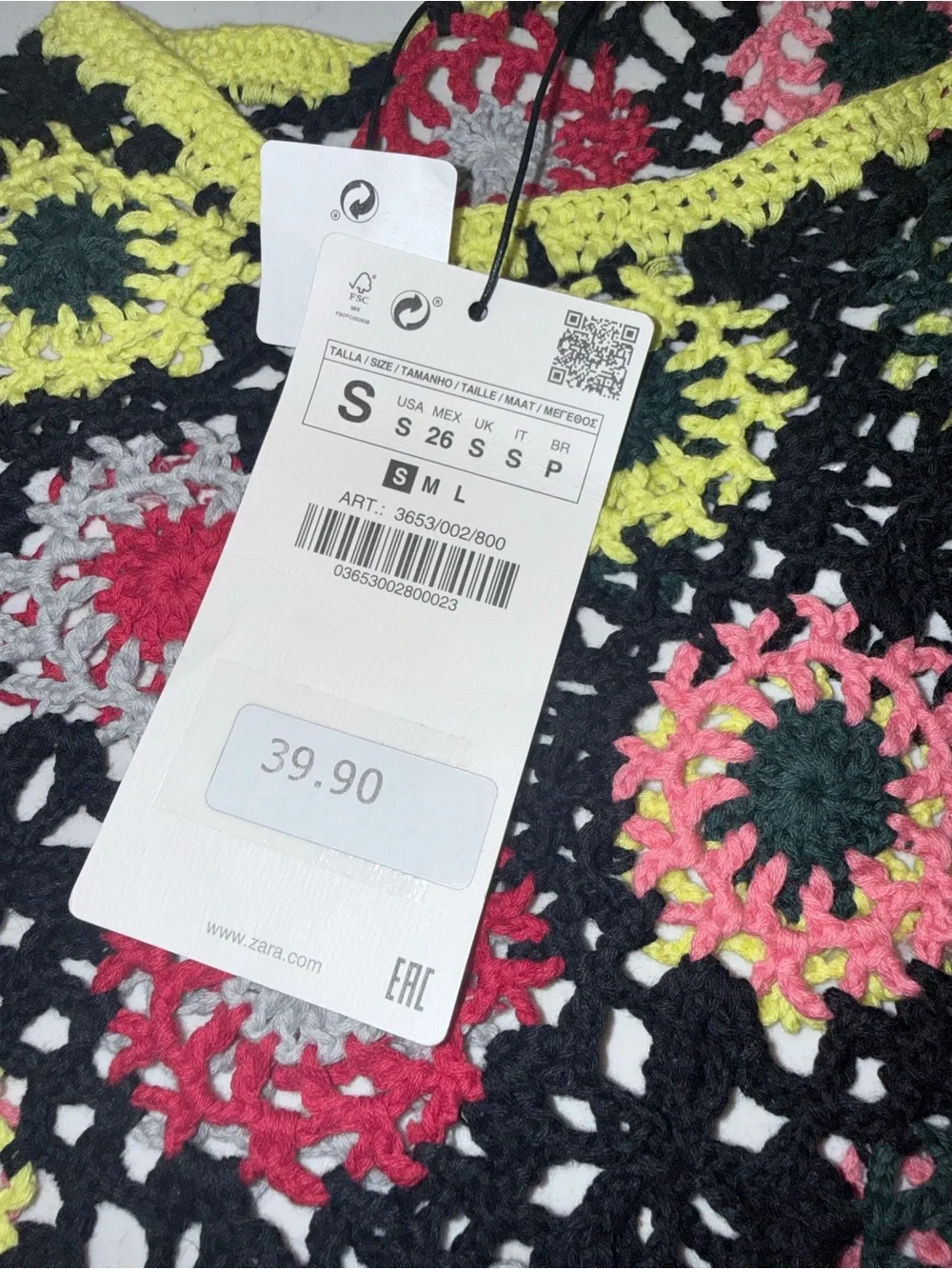 Zara Crochet Floral Panel Top — Black with Pink, Yellow & Gray
